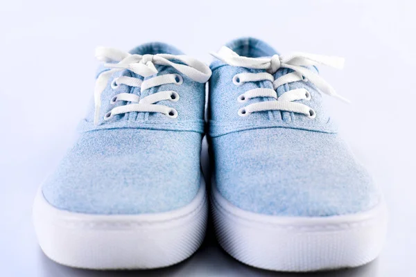 Blue Sneaker White Background Cyan Classic Sneakers White Laces White — Stock Photo, Image