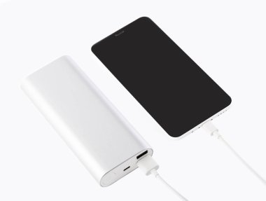 Mobil cihazları şarj etmek için güç banka. Beyaz akıllı telefon şarj cihazı gücü Bankası ile. pil banka. Mobil cihazlar için harici pil.