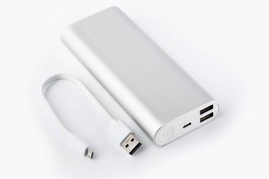 Power bank for charging mobile devices. White smart phone charger with power bank. battery bank. External battery for mobile devices. clipart