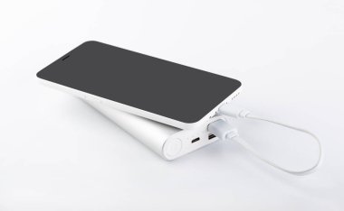 Mobil cihazları şarj etmek için güç banka. Beyaz akıllı telefon şarj cihazı gücü Bankası ile. pil banka. Mobil cihazlar için harici pil.