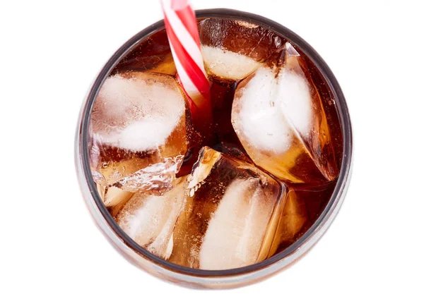 Cola Vidrio Con Paja Cubitos Hielo Aislados Sobre Fondo Blanco —  Fotos de Stock