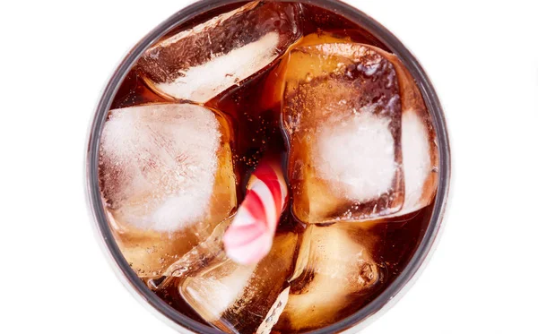 Cola Glass Straw Ice Cubes Isolated White Background Soda Bubbles — Stock Photo, Image