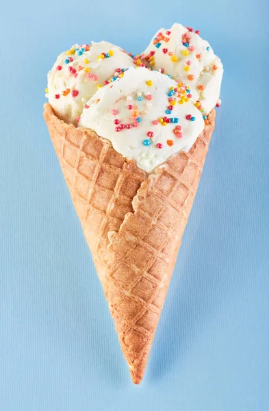 Ice Cream Balls Colored Sugar Sprinkles Waffle Cone Blue Background — Stock Photo, Image