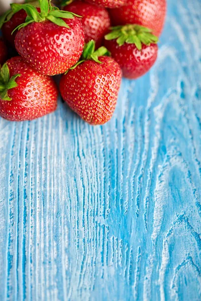 Fresh Red Strawberries Blue Wooden Background Summer Berries Concept Healthy — Stock Photo, Image