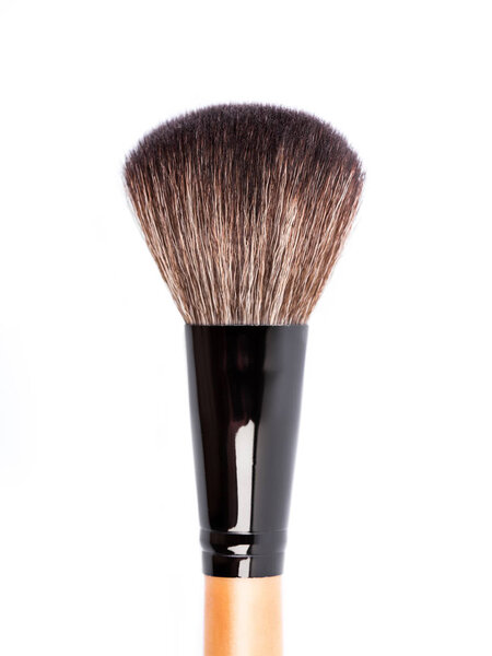 Various makeup brushes isolated over white. wooden makeup brushes. Duo fibre foundation makeup brush. Style. Fashion. Visage. Cosmetics.