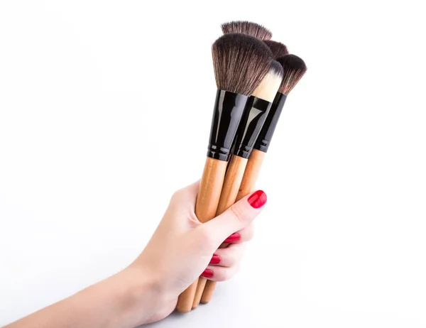 Various Makeup Brushes Isolated White Wooden Makeup Brushes Duo Fibre — Stock Photo, Image