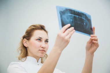 Profesyonel stomatolog diş röntgeni görüntülerini kontrol ediyor.