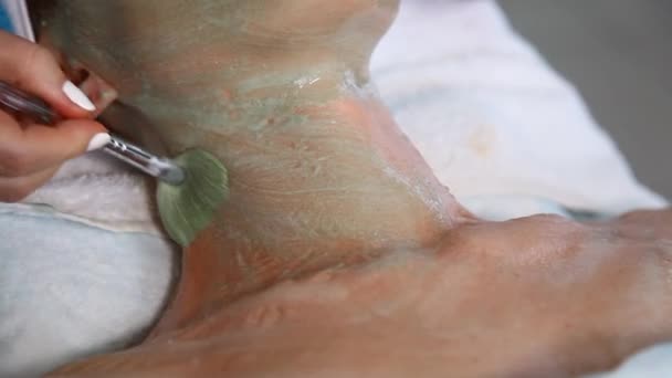 Kosmetyk nakładający zieloną maskę na szyję kobiety, zabieg antywiekowy. — Wideo stockowe