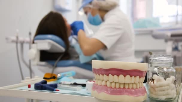 Modèle de mâchoire humaine sur la vue de face et dentiste avec patient flou sur la vue de dos . — Video