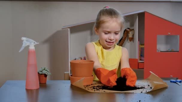 Adorável menina colocar a planta suculenta em vaso maior . — Vídeo de Stock