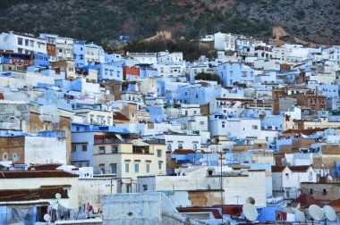 Mavi Chefchaouen kasabasının manzarası. Fas. Kuzey Afrika.