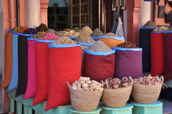 Bright Colorful Bags Herbs Spices Baskets Traditional Cosmetics Soap Small — Stock Photo, Image