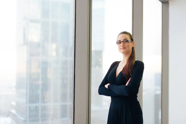 beautiful girl business lady in her office in a skyscraper