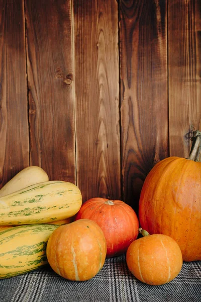 autumn set of pumpkins and dried leaves on a wooden background
