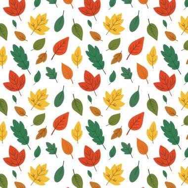 Renkli sonbahar yaprakları, beyaz zemin üzerinde kırmızı sarı turuncu ve yeşil yapraklar. Kumaş kaplama kağıdı ve mevsimlik dekorasyon için modern düz stil tasarım.