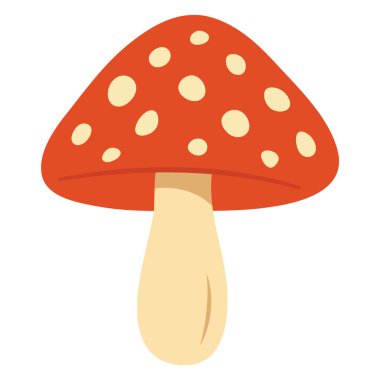 Beyaz benekli kırmızı sineksi mantarın renkli bir temsili. Şirin düz çizgi film tasarımı, sonbahar dekorasyonları, çıkartmalar, desenler ve mevsimlik projeler için mükemmel..