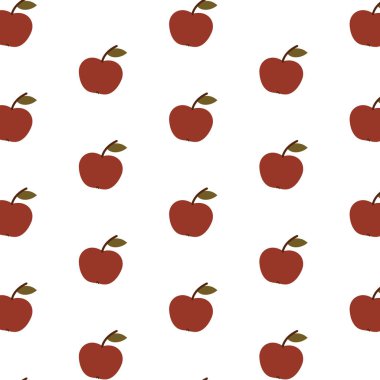Düz minimalist tarzda kırmızı elmalar ve yeşil yapraklarla basit, pürüzsüz bir desen. Temiz ve modern meyve tasarımı, tekstil, ambalaj kağıdı, duvar kağıdı, kırtasiye ve sonbahar temalı projeler için mükemmel..