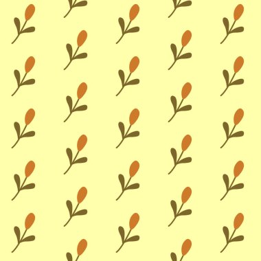 Dekoratif dalları ve turuncu çiçek tomurcukları olan minimalist, pürüzsüz bir desen. Kumaş, ambalaj kağıdı, duvar kağıdı ve mevsimsel tasarım için düz botanik vektör çizimi.