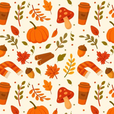 Kabaklı, renkli yapraklı, mantarlı, meşe palamutlu, tarçınlı, kahve bardaklı ve rahat eşarplı kusursuz sonbahar vektör deseni. Düz çizgi film tarzında şirin bir sonbahar arkaplanı mevsimlik tasarımlar, ambalaj kağıdı, tekstil, duvar kağıdı ve dijital için mükemmel. 