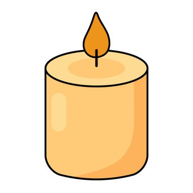 Beyaz arka planda sıcak sarı alevi olan yanan bir mumun basit düz bir çizimi. Minimalist konforlu tasarım, tatil dekorasyonu, rahatlama temaları, sağlık, spa, meditasyon projeleri ve tebrik kartları için mükemmel..