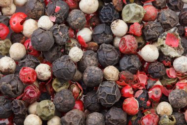 Renkli biber karışımı. Kırmızı, siyah, yeşil ve beyaz biber. Baharat. Yakın çekim.