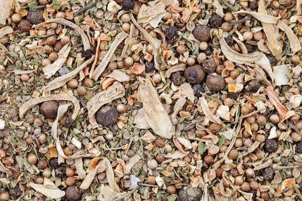 A mixture of dry seasonings for fish soup. Close-up.