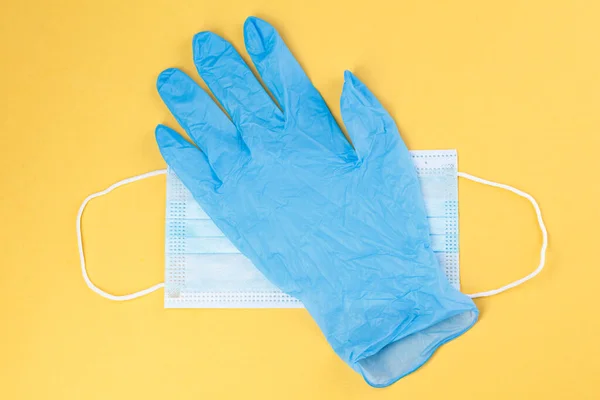 Medical Masks Rubber Gloves Yellow Background Corona Virus Healthcare Medical — Stock Photo, Image