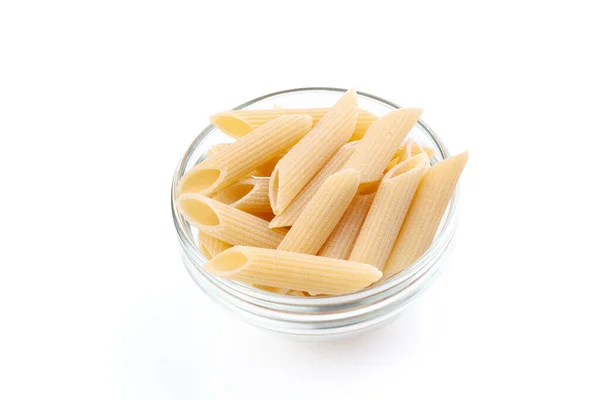 Raw Feathers Macaroni Bowl Italian Pasta Close Isolated White Background — Stock Photo, Image
