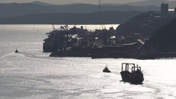Таг в силуэте выводит большое грузовое судно из порта в открытое море вдоль пролива — стоковое видео