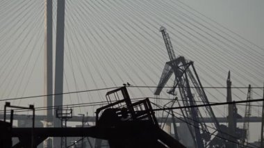 Metal yapıların arka planına karşı büyük iskele vinçleri ve büyük bir köprüye karşı iki kuş ip üzerinde zıplıyor.