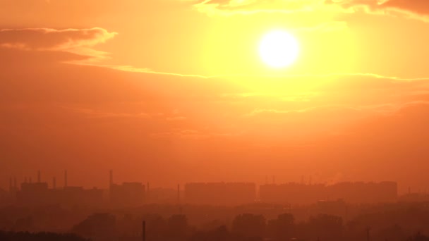 Jasnożółte słońce świeci nad obszarem przemysłowym. Sylwetka rur, dym z kominów, drzew, budynków, magazynów logistycznych — Wideo stockowe
