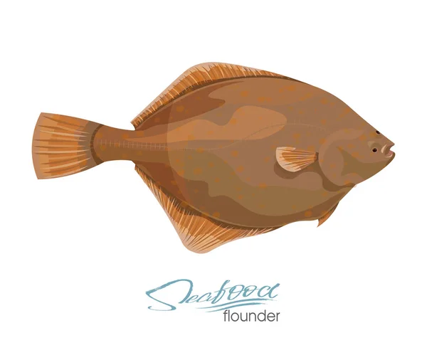 Olive Flounder. Illustrazione vettoriale pesci di mare isolati su sfondo bianco. Icona badge pesce passera per il design frutti di mare imballaggio e mercato . — Vettoriale Stock