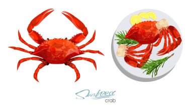 Crab isolated on white background. Meat crab with rosemary and lemon on the plate.Vector illustrationin cartoon style. Seafood product design. Edible sea food. Vector illustration clipart