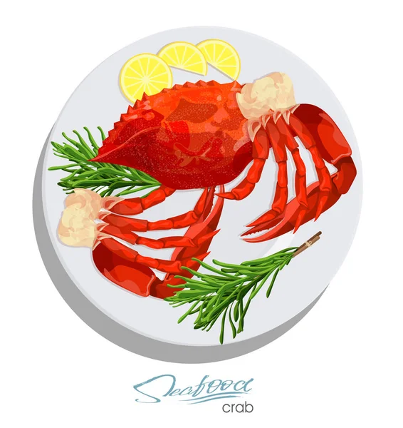 Carne de cangrejo con romero y limón en el plato. Ilustración vectorial en estilo de dibujos animados. Diseño de productos de mariscos. Vida silvestre habitante del mundo submarino. Alimentos de mar comestibles . — Vector de stock