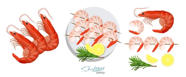 Shrimps on a skewer with rosemary and lemon on the plate. Shrimp isolated on white background. Vector illustrationin cartoon style. Shrimps, lemon, rosemary separately on a white background. — Stock Vector