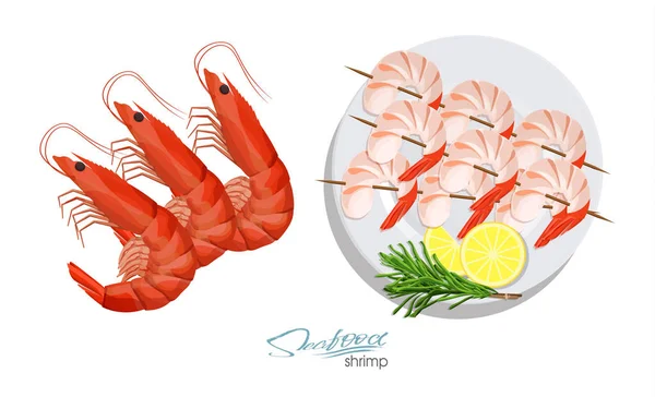 Shrimps on a skewer with rosemary and lemon on the plate. Shrimp isolated on white background. Vector illustrationin cartoon style. Seafood product design. Edible sea food. — Stock Vector