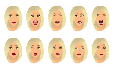 Women facial expressions, gestures, emotions happiness surprise disgust sadness rapture disappointment fear surprise joy smile cry despondency. Cartoon icons set isolated. Vector illustration clipart
