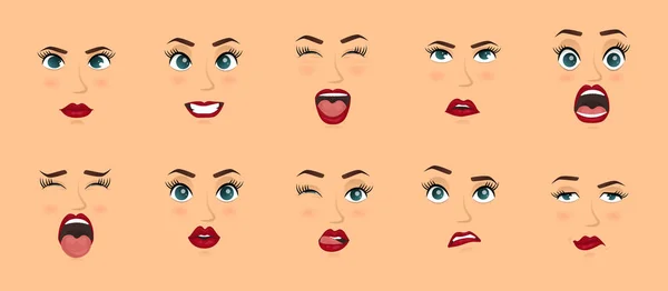 Women facial expressions, gestures, emotions happiness surprise disgust sadness rapture disappointment fear surprise joy smile cry despondency. Cartoon icons set isolated. Vector illustration