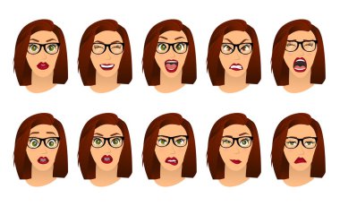Kadın gözlük yüz ifadeleri, jestleri, duygu mutluluk sürpriz tiksinti üzüntü rapture hayal kırıklığı korku sürpriz sevinç gülümseme umutsuzluk. Karikatür simgeleri izole ayarla. Vektör çizim
