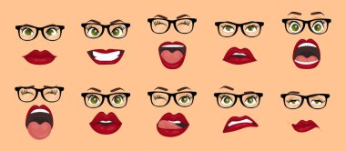 Komik duygular. Kadın gözlük yüz ifadeleri, jestleri, duygu mutluluk sürpriz tiksinti üzüntü rapture hayal kırıklığı korku sürpriz sevinç gülümseme umutsuzluk. Karikatür simgeleri izole ayarla.