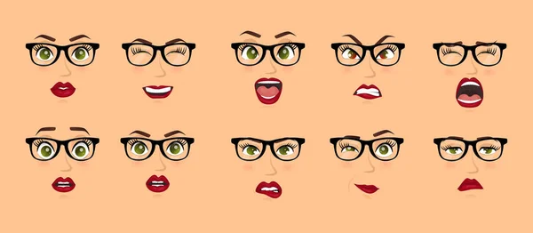 Woman with glasses facial expressions, gestures, emotions happiness surprise disgust sadness rapture disappointment fear surprise joy smile despondency. Cartoon icons set isolated. Vector illustration