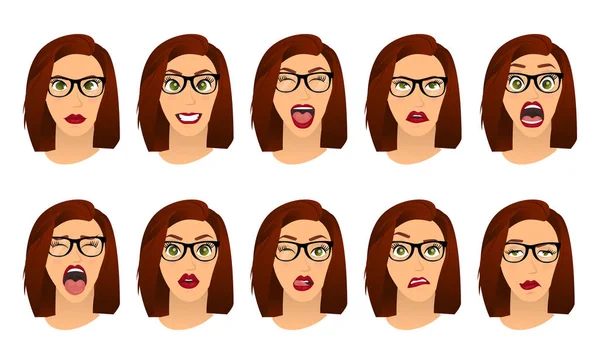 Woman with glasses facial expressions, gestures, emotions happiness surprise disgust sadness rapture disappointment fear surprise joy smile despondency. Cartoon icons set isolated. Vector illustration — Stock Vector
