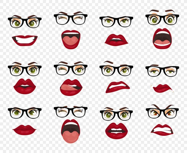 Comic emotions. Woman with glasses facial expressions, gestures, emotions happiness surprise disgust sadness rapture disappointment fear surprise joy smile despondency. Cartoon icons big set isolated.