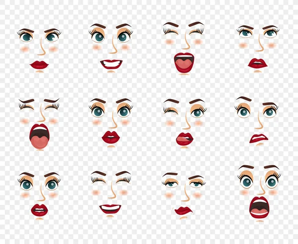 Comic emotions. Women facial expressions, gestures, emotions happiness surprise disgust sadness rapture disappointment fear surprise joy, smile cry coquetry cute mouth. Cartoon icons big set isolated. — Stock Vector