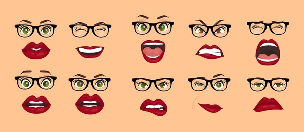 Emociones cómicas. Mujer con gafas expresiones faciales, gestos, emociones felicidad sorpresa disgusto tristeza arrebato decepción miedo sorpresa alegría sonrisa desaliento. Iconos de dibujos animados conjunto aislado . — Archivo Imágenes Vectoriales