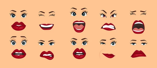 Comic emotions. Women facial expressions, gestures, emotions happiness surprise disgust sadness rapture disappointment fear surprise joy, smile cry coquetry cute mouth. Cartoon icons set isolated. — Stock Vector