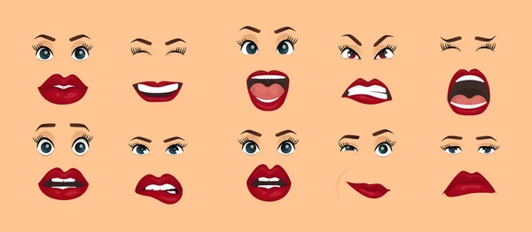 Emociones cómicas. Mujeres expresiones faciales, gestos, emociones felicidad sorpresa disgusto tristeza arrebato decepción miedo sorpresa alegría, sonrisa grito coquetería linda boca. Iconos de dibujos animados conjunto aislado . — Archivo Imágenes Vectoriales