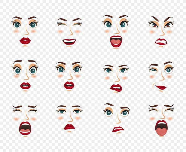 Comic emotions. Women facial expressions, gestures, emotions happiness surprise disgust sadness rapture disappointment fear surprise joy, smile cry coquetry cute mouth. Cartoon icons big set isolated. — Stock Vector