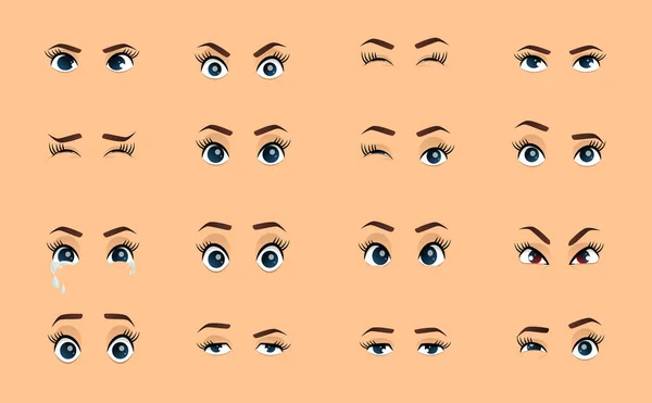 Мультяшные женские глаза. Цветные векторные закрытые глаза. Женские глаза и брови коллекции изображений. Эмоции глаза. Иллюстрация — стоковый вектор