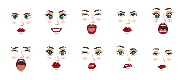 Women facial expressions, gestures, emotions happiness surprise disgust sadness rapture disappointment fear surprise joy smile cry despondency. Cartoon icons set isolated. Vector illustration — Stock Vector